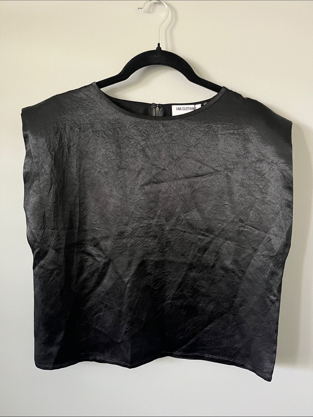 LNA NWT Black Satin Crop Top with Structured Shoulder Detail